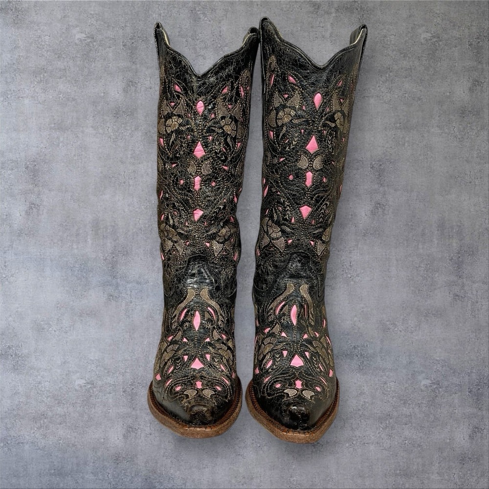 Corral Vintage Western Boots Womens 7.5 Pink Inlay Snip Toe Boho Festival Cowboy - Picture 2 of 11